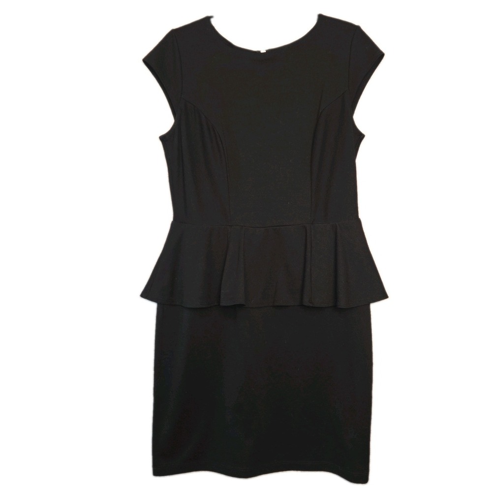 MOSSIMO Peplum Little Black Dress LARGE Cap Sleeve Minimalist Classic Stretch